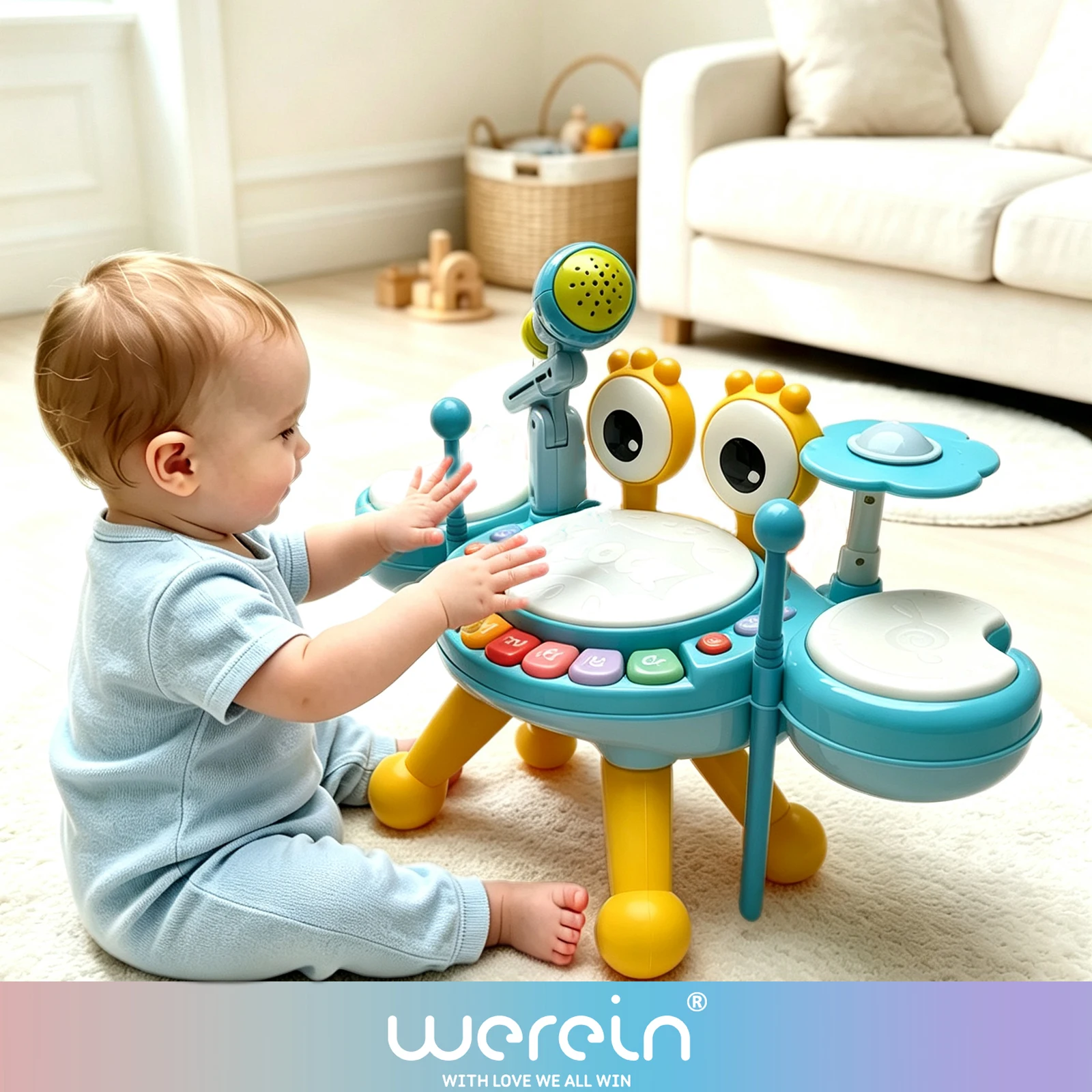 Toddler Big Eyes Crab Hand Drum Percussion Toy, Freely Detachable & Height Adjustable, Comes With Detachable Rattle And Whistle