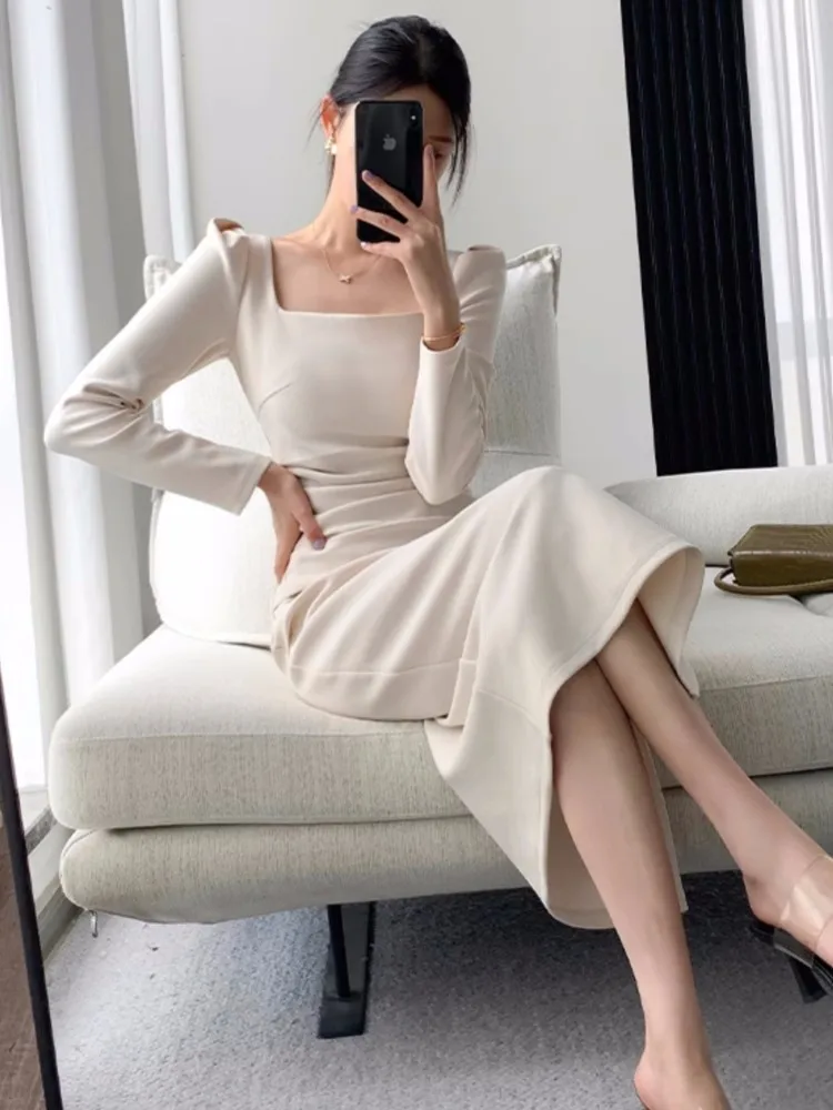 Elegant Long Sleeve Midi Dresses for Women Square Collar Slim Waist Bodycon Split Dress Autumn New Solid Office Lady Vestidos