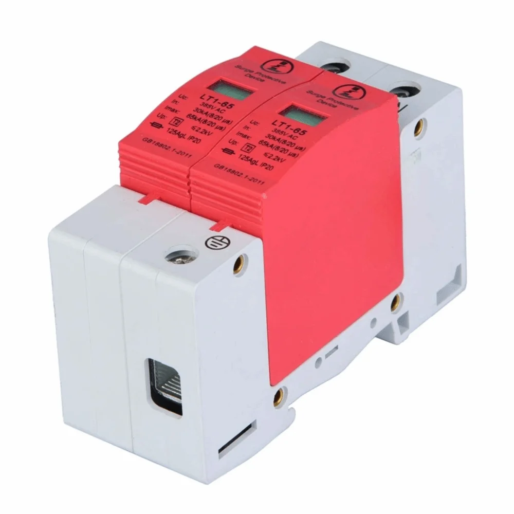 Overvoltage Protection 2P Low Voltage Arrester 65KA DIN Rail Mount Protective Device 385A AC Protector Photovoltaic Systems