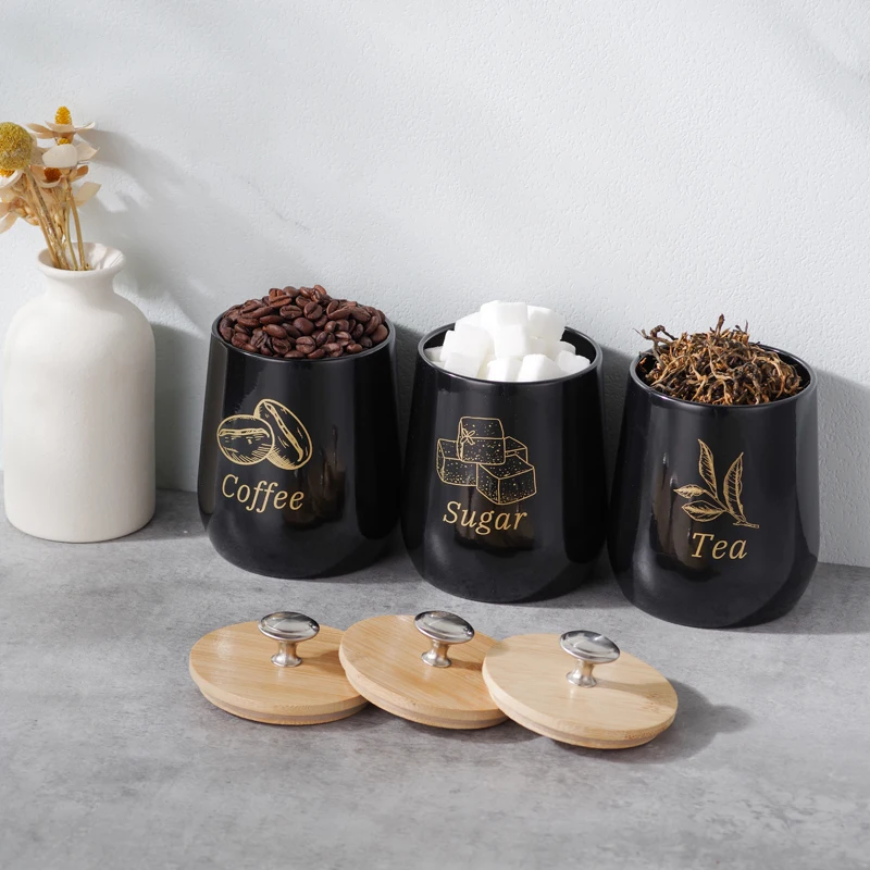 

A set of three storage jars, bread box, sugar tea, coffee beans storage jar with sealing ring and bamboo cover, reusable and was