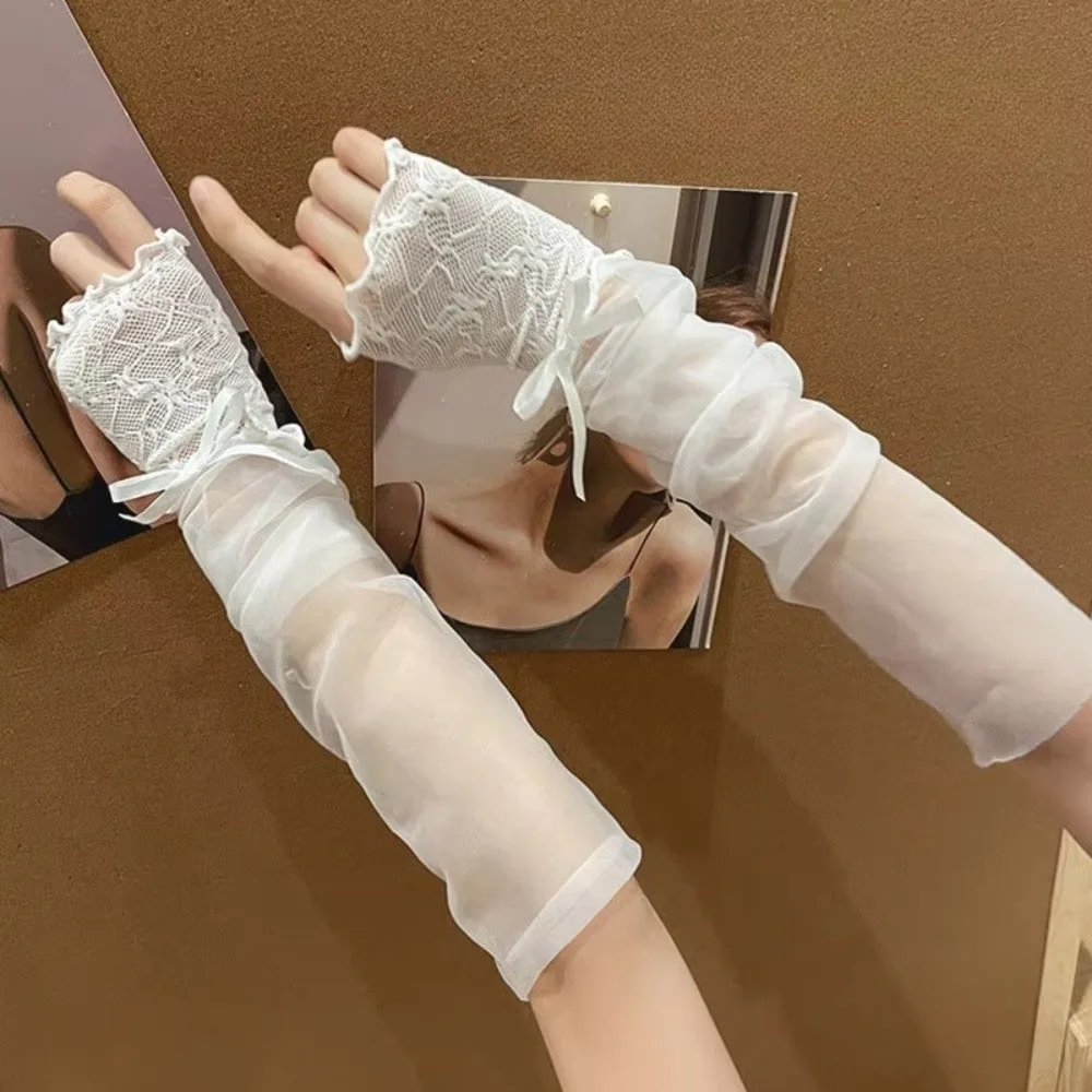 Y2K Lace Ruffle Mesh Gloves Bowknot Sheer Fingerless Gloves Tulle Sun Protection Lolita Gloves view 3