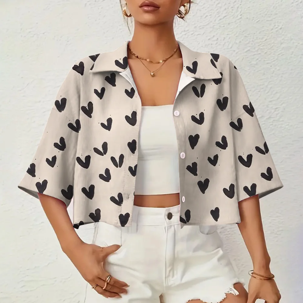 

Korean Style Of Simplicity Shirts & Blouses Crop Top Black Heart Print Women's Shirt Summer Short Sleeve Button Front Blouse