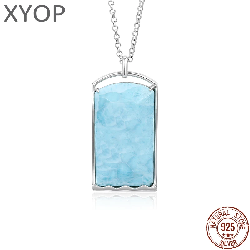 XYOP 925 Silver Gift Larimar classic Rectangular Pendant In Natural Blue,Collection of Unique Wedding Party! Occasions Fairy Hig