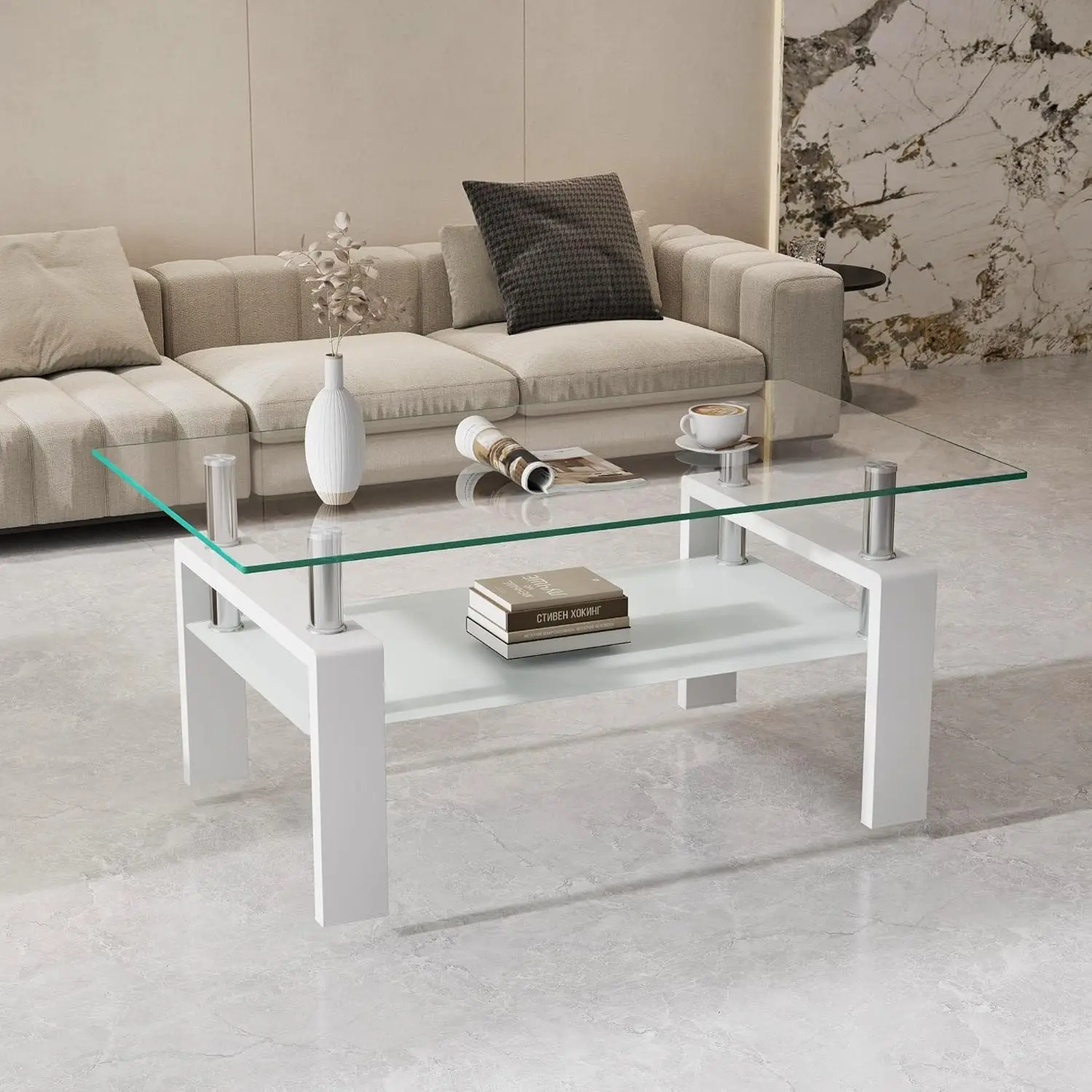 

Glass Coffee Table for Living Room, Modern Coffee Table with Transparent Tempered Glass Top and White Metal Legse