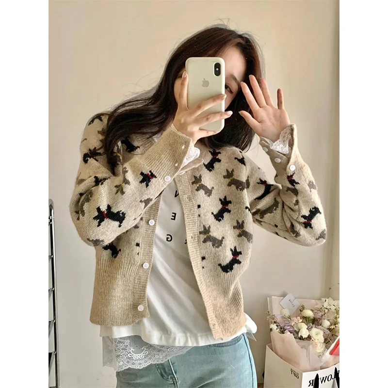 MEXZT Cropped Knitted Cardigan Women Streetwear Print Sweater Outerwears Winter Long Sleeve Knitwear Korean Casual Jumpers New