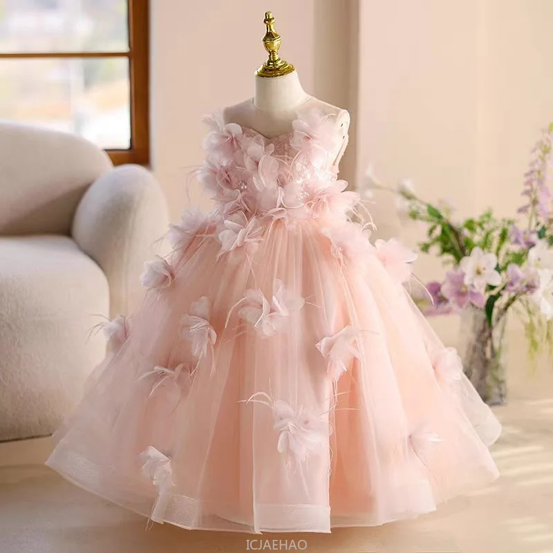Pink Princess Dress Girls Birthday Party Gown Children  ow Outfit Hostess Pageant Formal Stage Banquet Performance