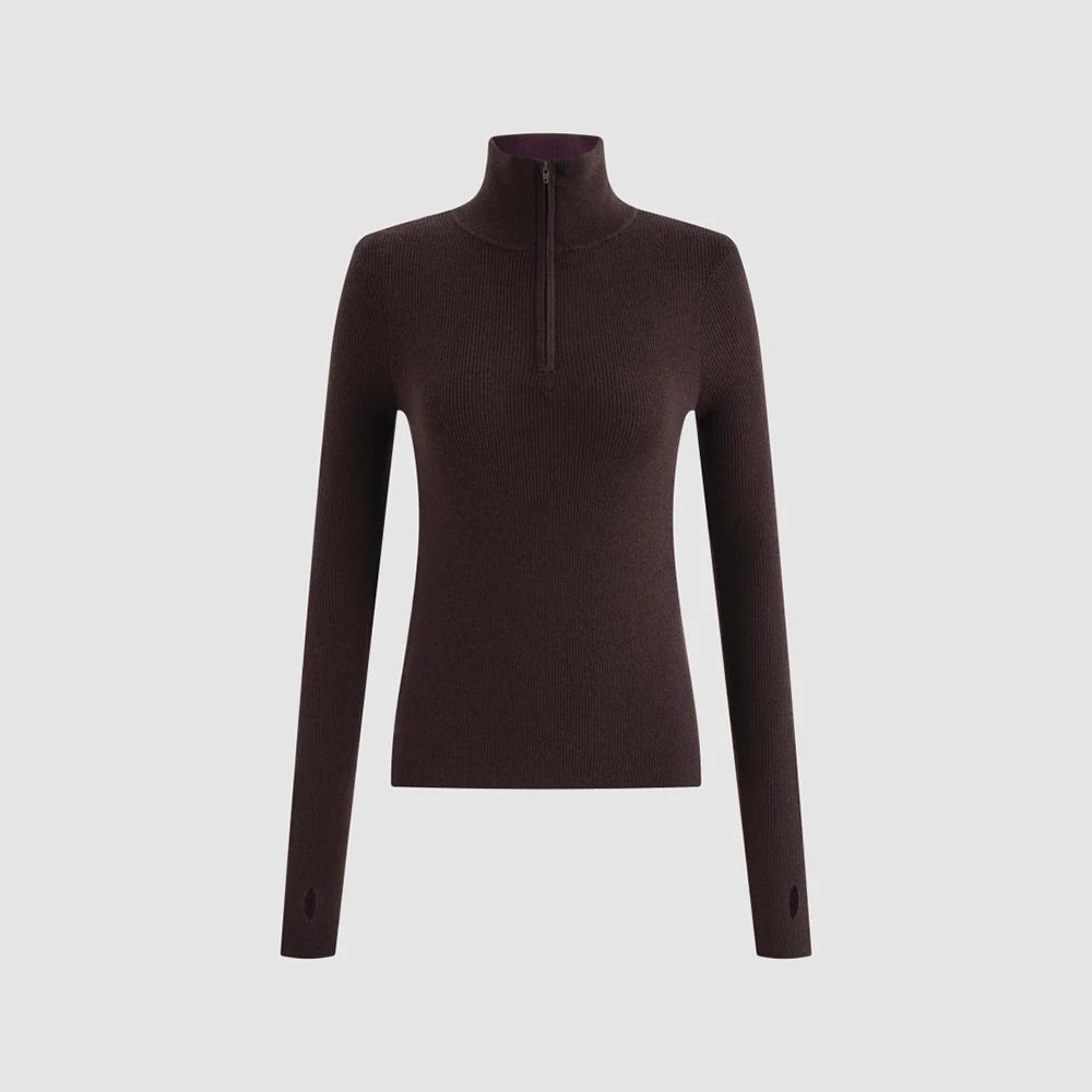 Ladies 100% Wool Half‑Zip Turtleneck Sweater Ribbed Slim Fit Long Sleeve Top With Thumb Hole Women Warm Casual Base Pullover
