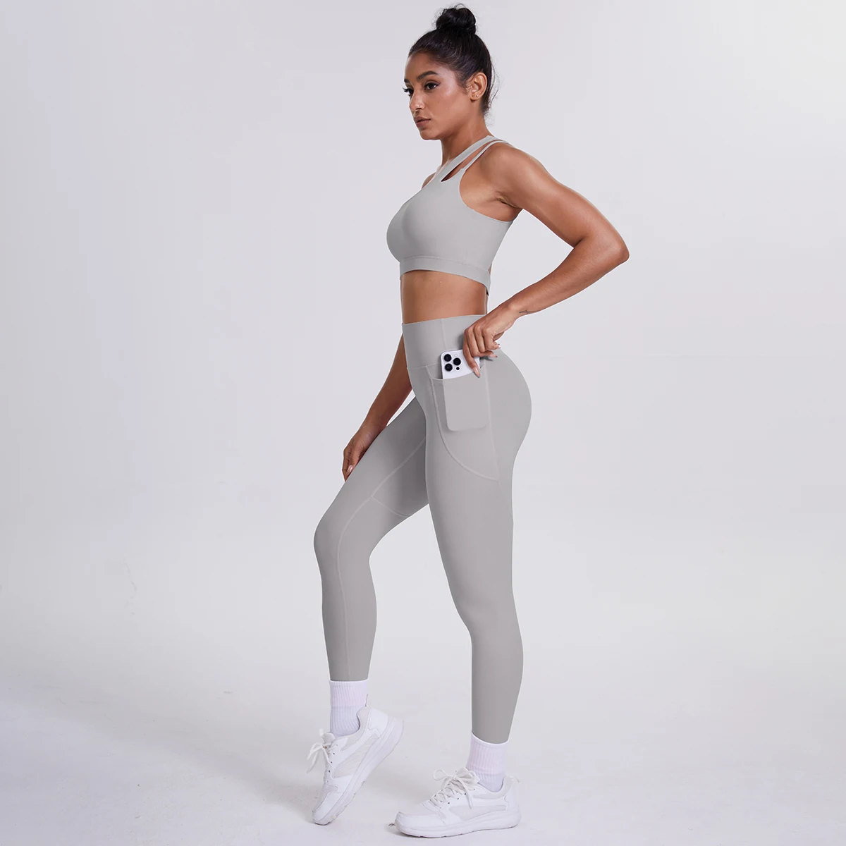 2-teiliges einfarbiges Sport-Yoga-Set für Damen, sexy, schräger Schulter-BH, Fitness-Top, Laufen, Radfahren, Taschen, Hosen, Fitnessstudio, Yoga-Set – Detail 30