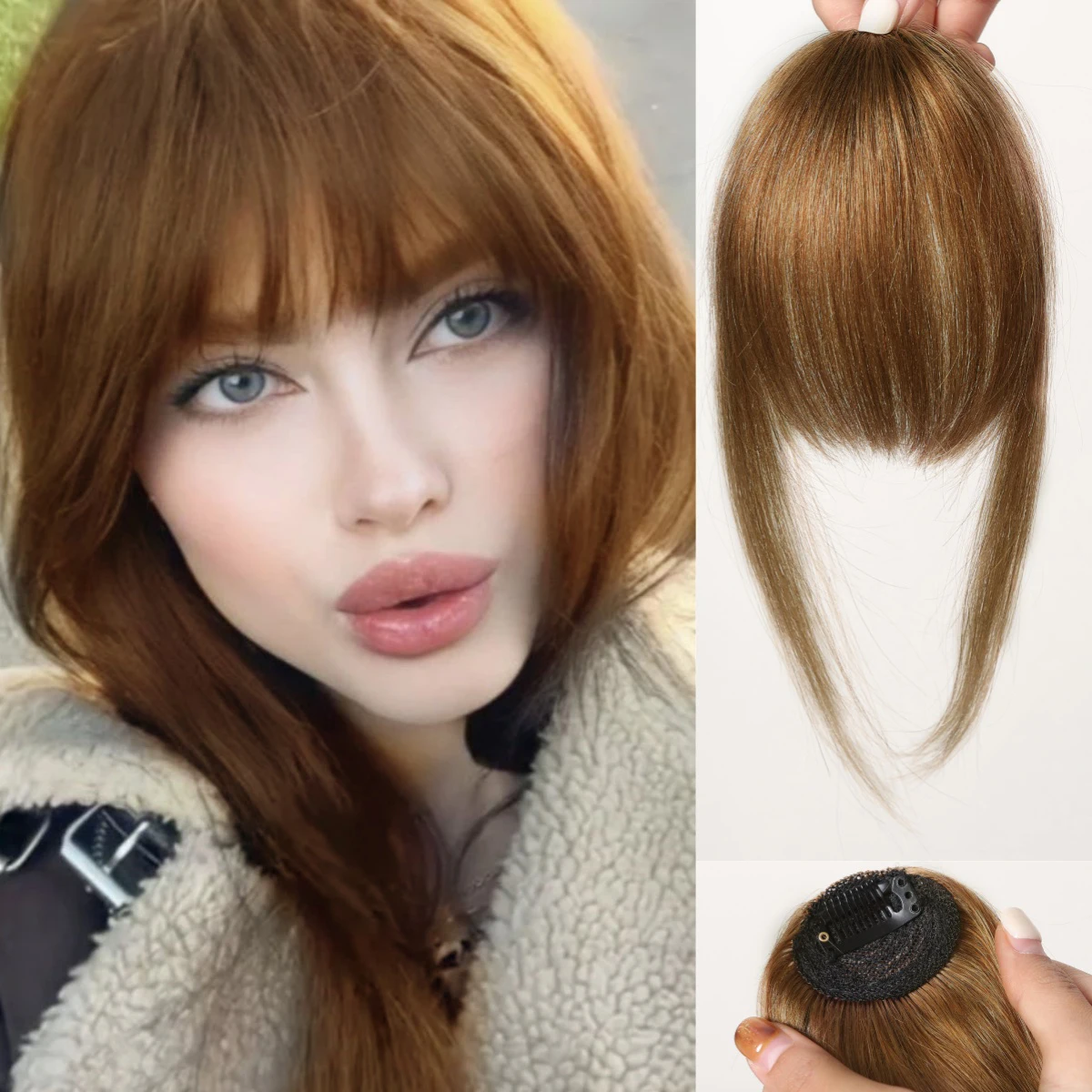 100% Human Hair Blunt Cut Wispy Bangs with Sideburns Natural Brown Clip in Fringe for Women Daily Wear Air Bangs Hairpiece