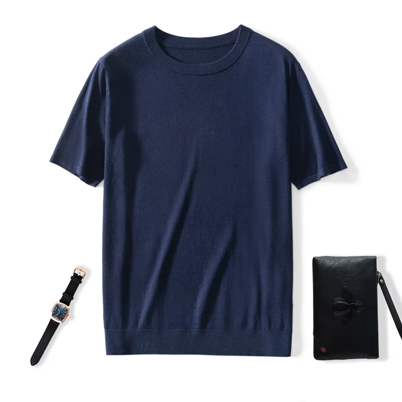 Light Luxury Silk Round Neck-Shirt Men, Spring Summer Thin Casual Short Sleeve Knitted High-End Fine-Spun Cashmer