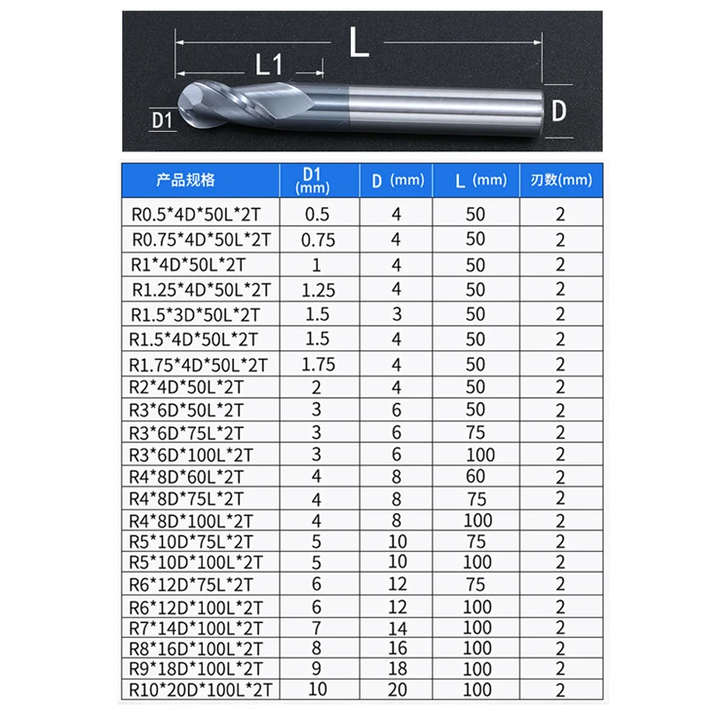 HRC50 2 Flute Ball nose end mill 2 flutes R0.5-R10 Milling Cutter Alloy Coating Tungsten Steel Tool Cnc Maching Endmills