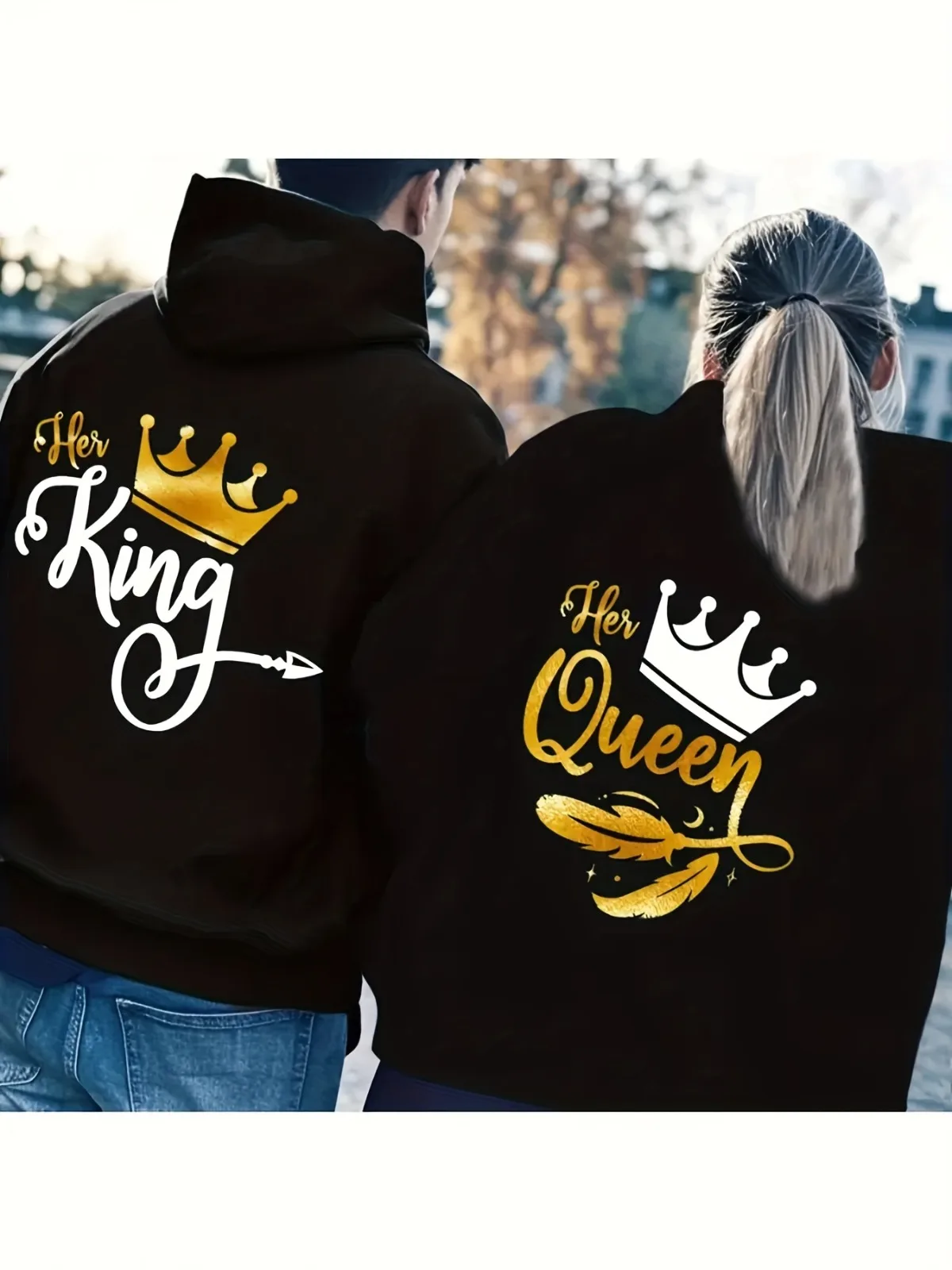 1 unidad [estilo de pareja] Sudadera con capucha de pareja a juego con diseño de patrón King Queen a la moda, cómoda y holgada, regalo del Día de San Valentín