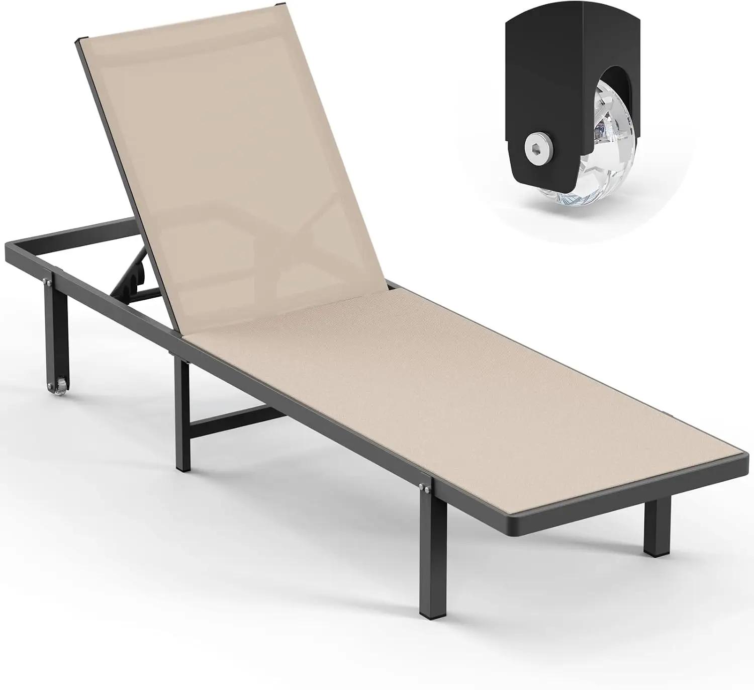Khaki Aluminum Outdoor Lounge Chair With Wheels 5 Position Adjustable Backrest Easy Move Patio Poolside Chaise Lounger