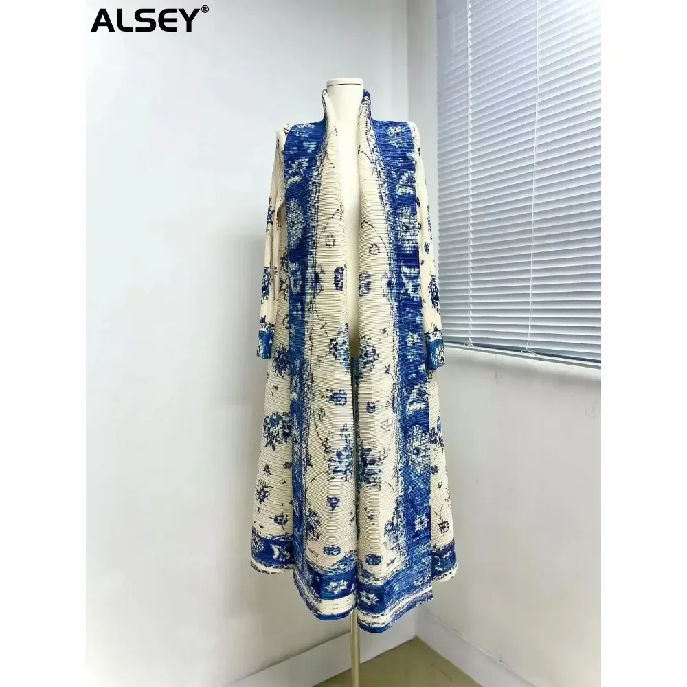 ALSEY Miyake Pleated Original Printed Long Sleeve Coat Women Windbreaker Autumn Winter New Dubai Style Cardigan Plus Size Dress