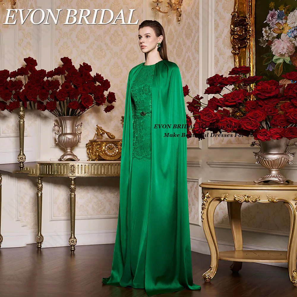 EVON BRIDAL Evening Gowns With Cape Long Sleevs O-Neck Mermaid Satin Saudi Arabia Woman Formal Occasion Dresses Lace Applique