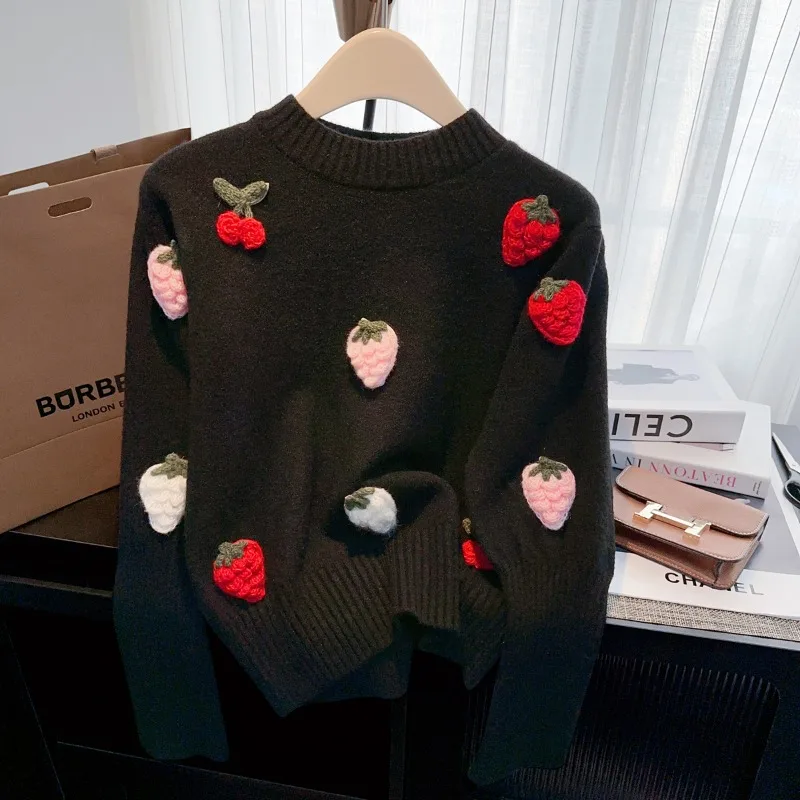 3D Embroidery Strawberry Sweater Pullover Women Long Puff Sleeve Crop Tops Black Knitwear 2025 Autumn Winter Fashion Chic Jumper