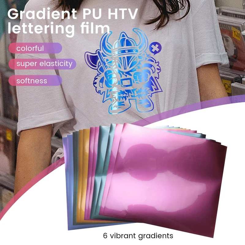 Vinilo de transferencia de calor, paquete de 12 hojas de vinilo para planchar, 6 colores degradados variados, vinilo PU HTV para diseño de vinilo térmico