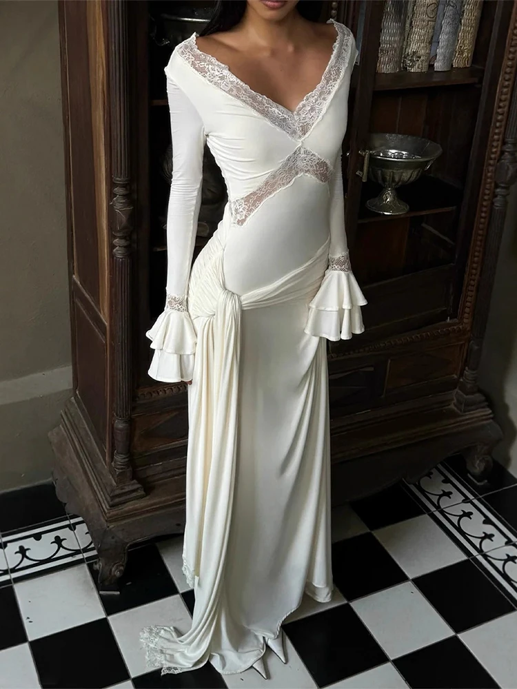 

Trendix White Elegant Lace Dress For Women Fashion Patchwork Drape Maxi Dresses Party Club Sexy Hollow Long Sleeve Evening Dress