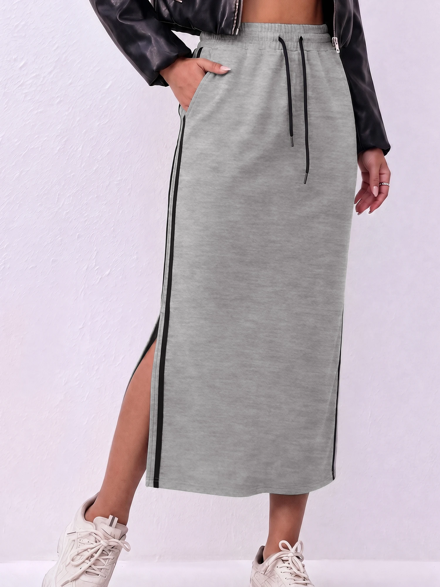 Athleisure Midi Skirt with Side Slit, Adjustable Drawcord, Outdoor Activity & Casual Daily Wear