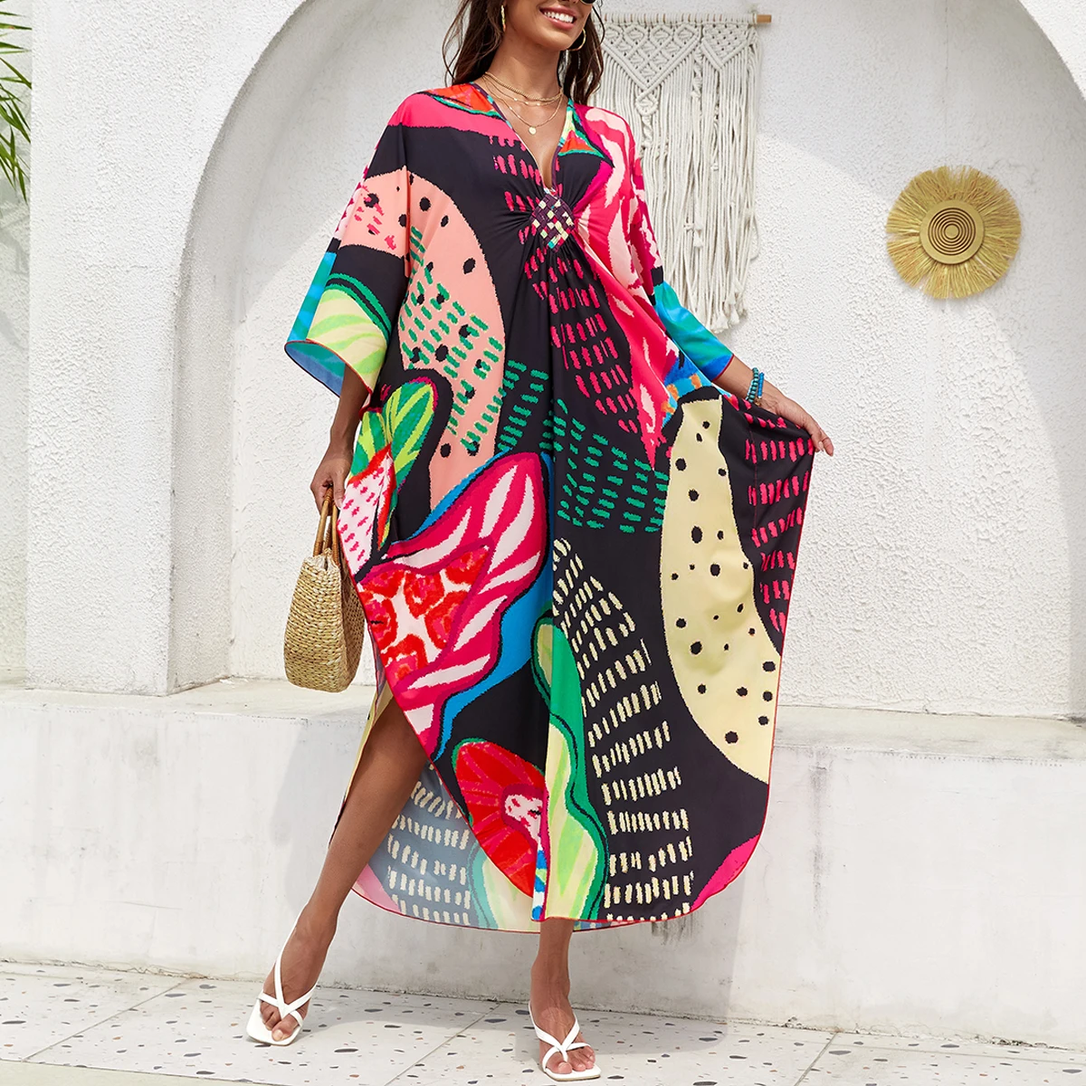 

2024 New Handmade Knitted Beach Cover Up Dress, Positioning Print Plus Size Vacation Beach Dress