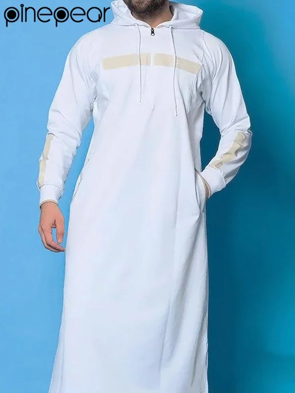 PinePear Middle East Ethnic Men Hooded Robe Ramadan Eid Muslim Dress Arab Jubba Thobe Islamic Kaftan Dubai Abaya Turkish Clothes