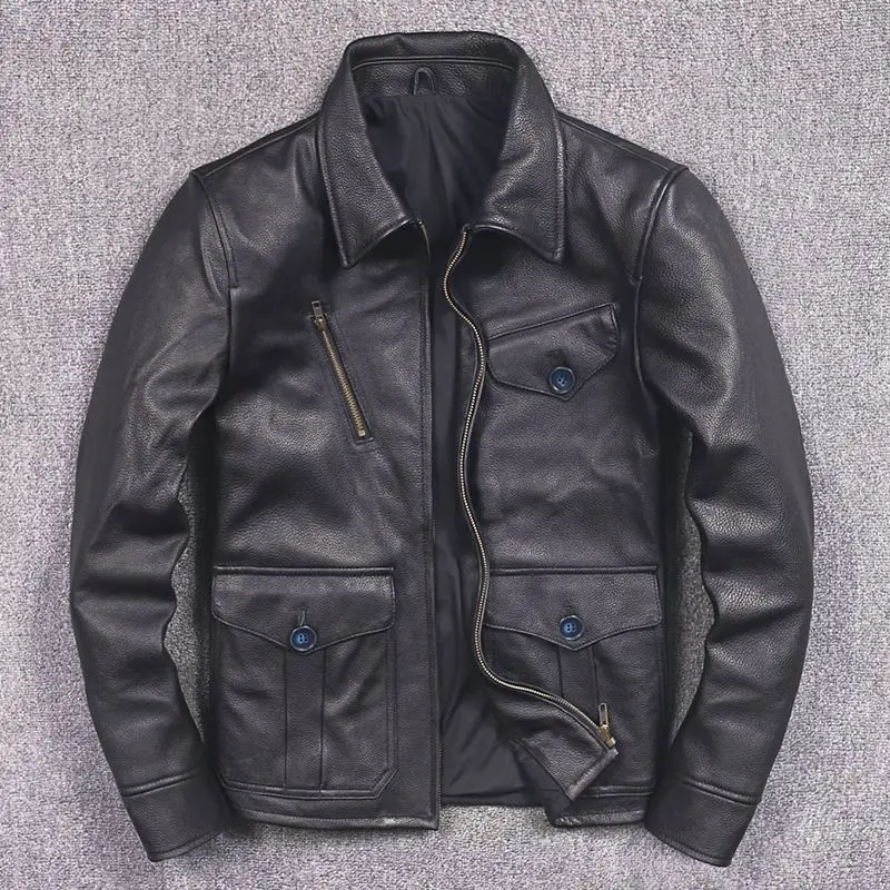 

Men's Aviator Cow Leather Jacket With Flip Collar Slim Fit Casual Genuine Leather Coat Male Motorcycle Male Leather Jacket