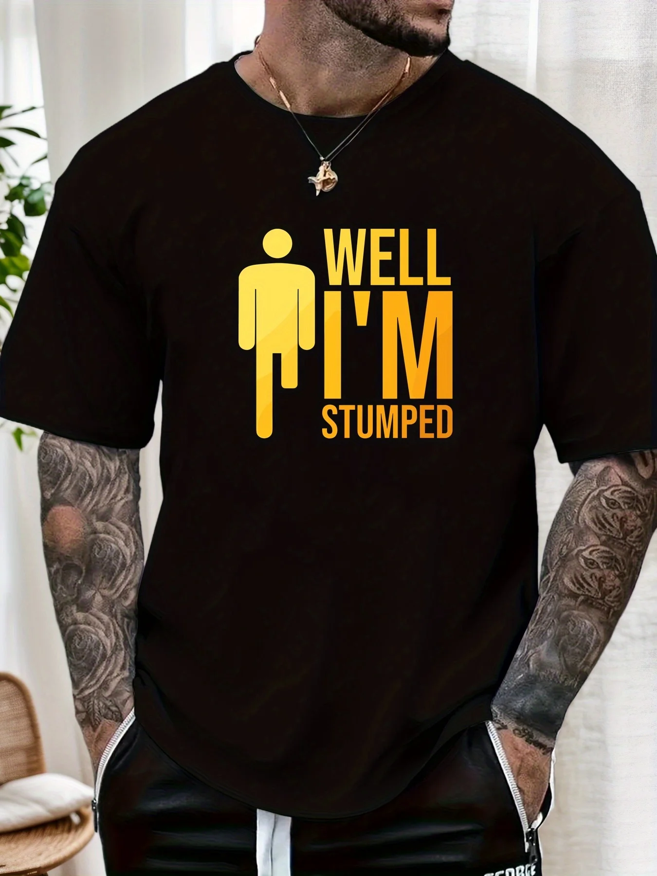 Men Black Crew Neck Tee Yellow Half Leg Stick Figure Well Im Stumped Funny Pun Graphic Humor Joke Casual Soft Cotton Top