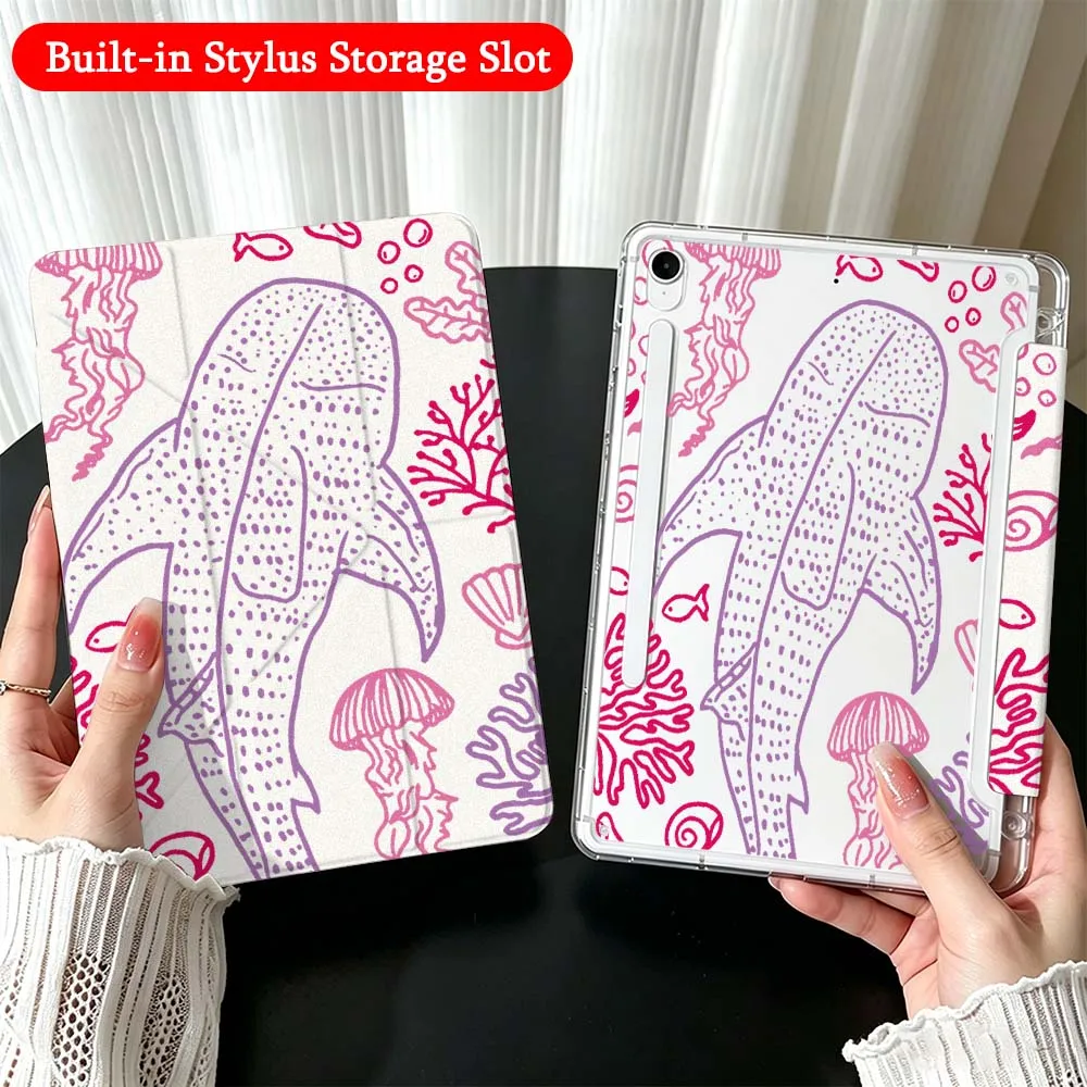 Cartoon Whale Crab For Samsung Galaxy Tab A9 A8 A11 S6 S7 S8 S9 S10 FE Plus Lite Transparent Y-Shaped Folding Tablet Case