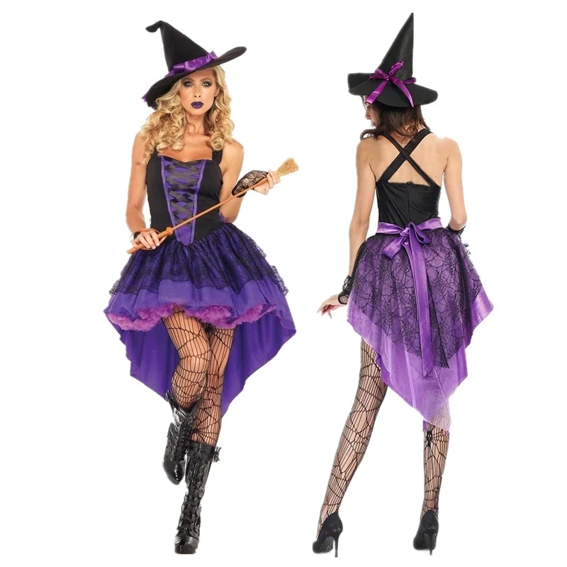 Halloween dla dorosłych seksowne kobiety fioletowy jaskółczy ogon szelki kostium czarownicy impreza karnawałowa czarownica królowa Fantasia sukienka Cosplay MS19244
