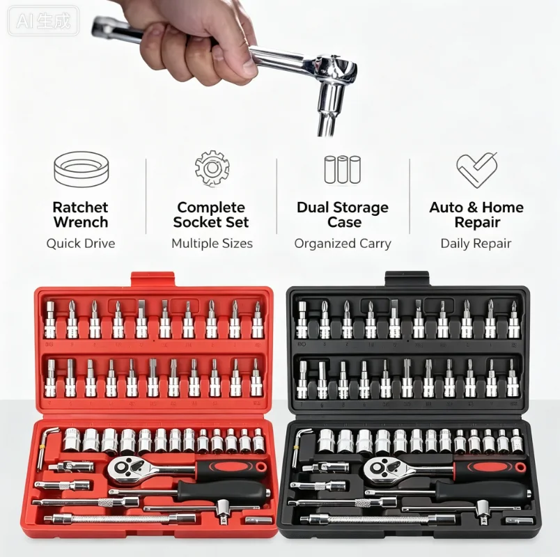46‑Piece 1/4‑Inch Drive Ratchet Torque Wrench Combo Auto Repair Mechanic Tool Kit Socket Set Vehicle Maintenance Car Repair Work