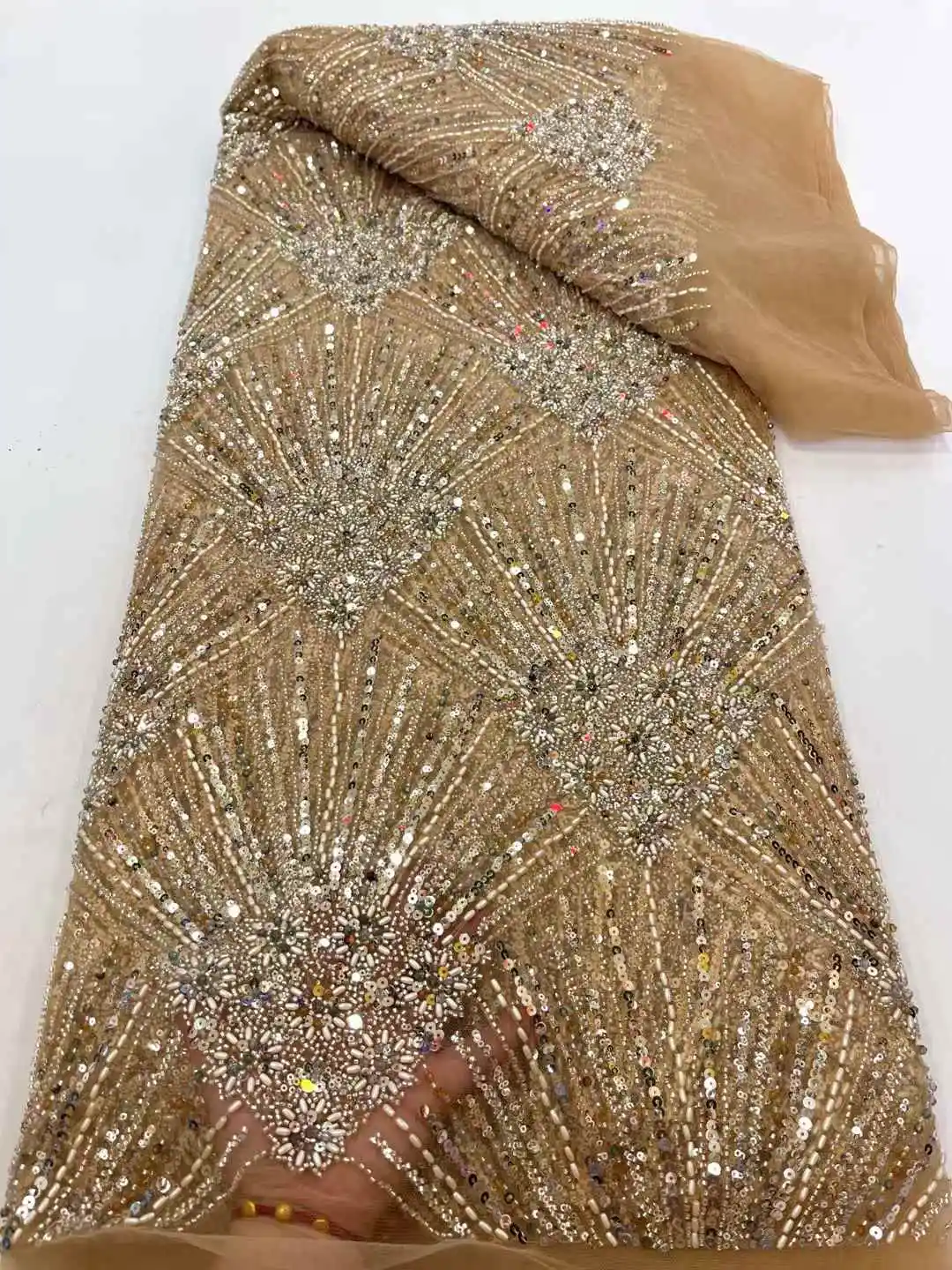 

African Heavy Beaded Lace Fabric 2025 High Quality Nigerian Sequin Pearl Lace French Tulle Fabric For Wedding Party Dress Sewing