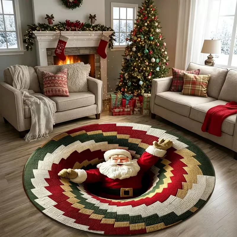 Santa Claus Plaid Vortex Round Rug Living Room Bedroom Entrance Cloakroom Study Room Area Rug Home Decor 2D Print Mat