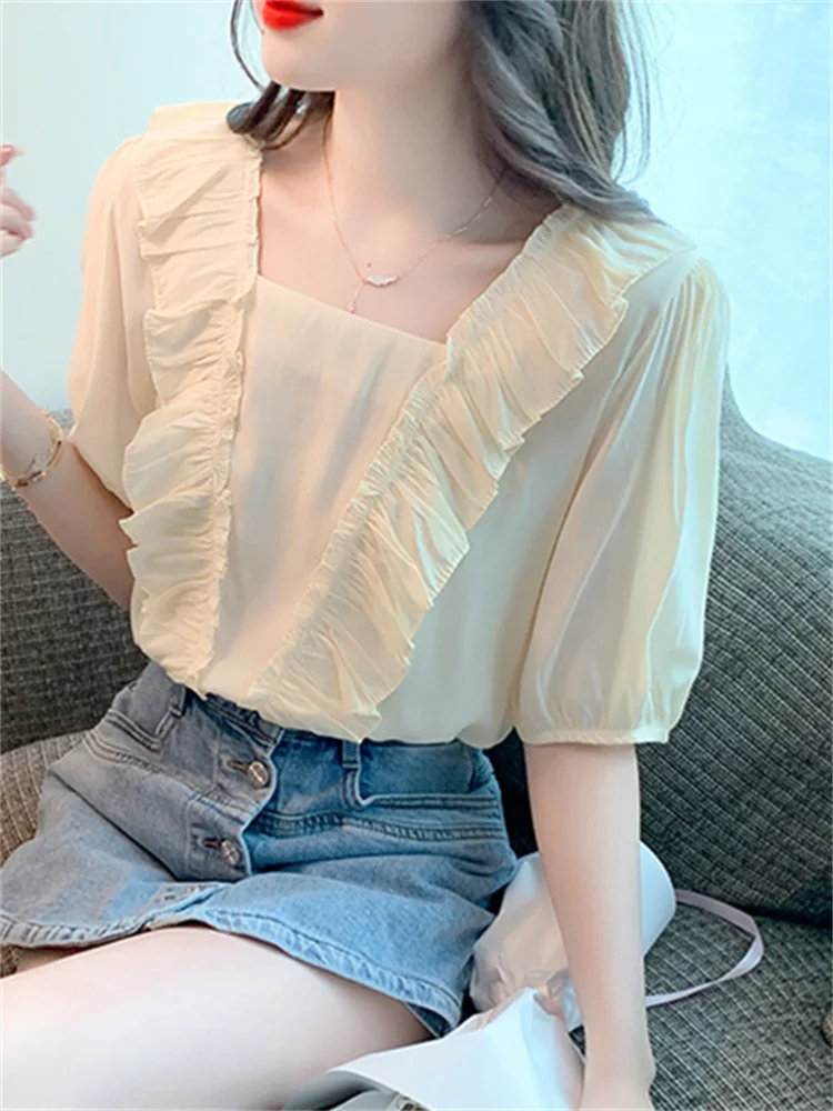 

Женская летняя тонкая шифоновая блузка с коротким рукавом-фонариком, однотонная, с квадратным вырезом, в стиле кукольного топа