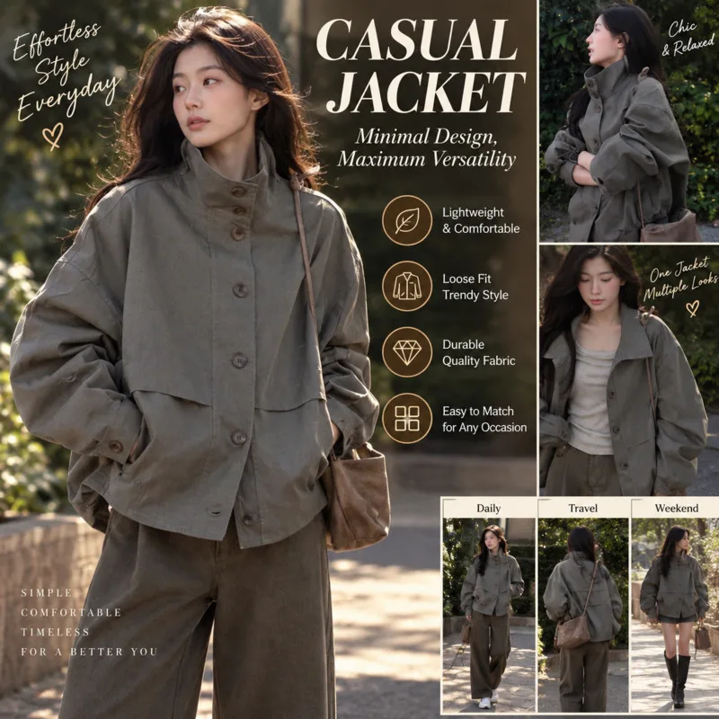 Korean Style Women Trench Coat, Autumn 2026 Stand Collar Single, Breasted Jacket Vintage Grey Mid, Length Casual Outerwear Gift
