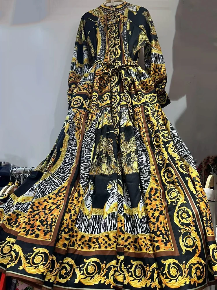 Gonna camicia in vita legata con colletto rialzato con stampa geometrica retrò 2025 gonna soffice da donna autunnale abito lungo ampio alla moda