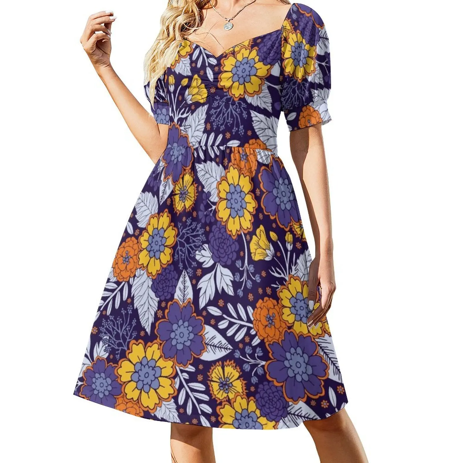 فستان على الطراز الكوري باللون الأرجواني والأصفر والبرتقالي / نمط الأزهار للنساء فستان كاجوال أنيق للحفلات أو الارتداء اليومي