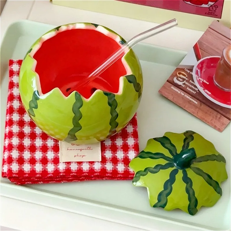Watermelon Bowl Cute Pretty Ceramic Bowls with Lid Creative Large Capacity Kitchen Dishes Fruit Salad Bowls Table Decoration