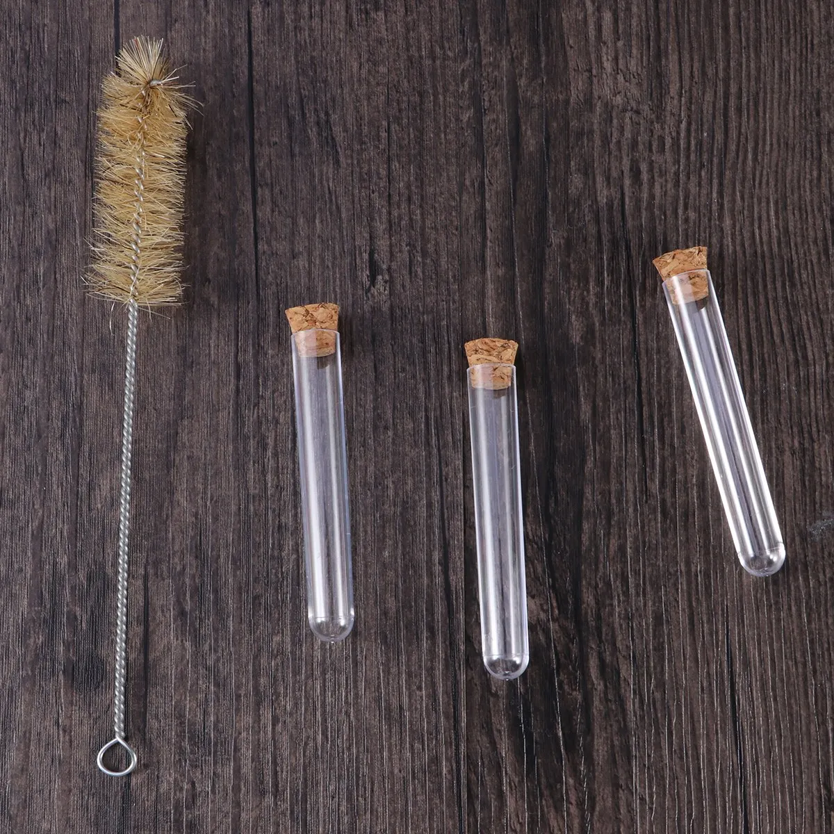 

Plastic Test Tube Wood Plug Set Transparent Sealed Tubes Vials with Corks Cleaning Brush De Laboratoire Fiole Plastique