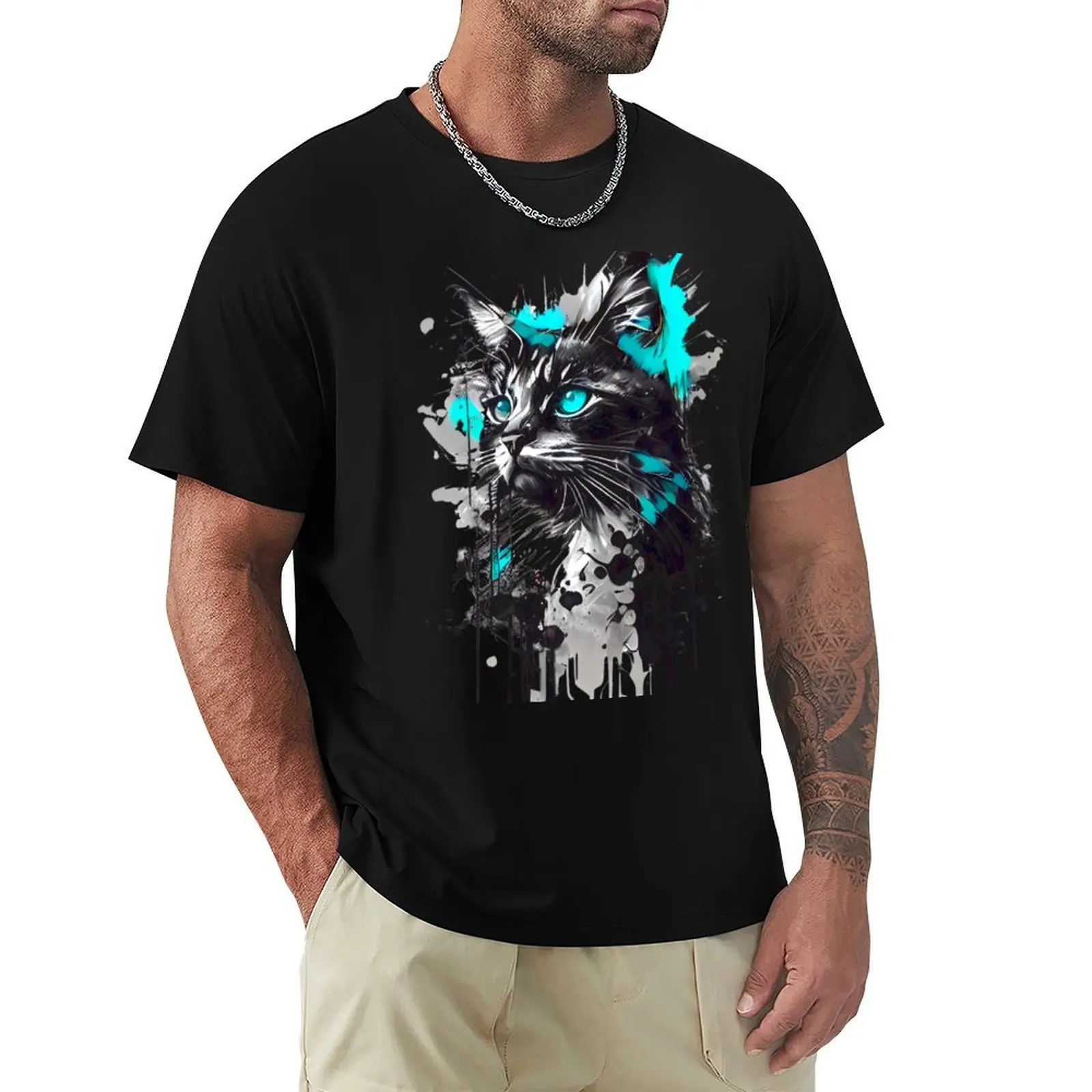 

An artistic painting of a cute cat with turquoise blue eyes T-Shirt Athletic Quick Dry T-Shirt for Men