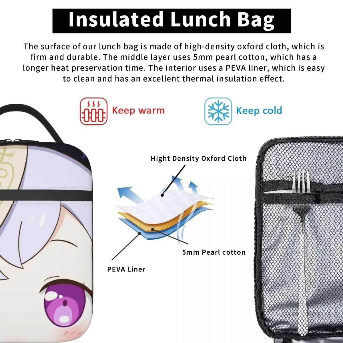 Qiqi Genshin Impact Insulated Lunch Bags Portable Meal Container Cooler Bag Tote Lunch Box Work Outdoor Food Bag