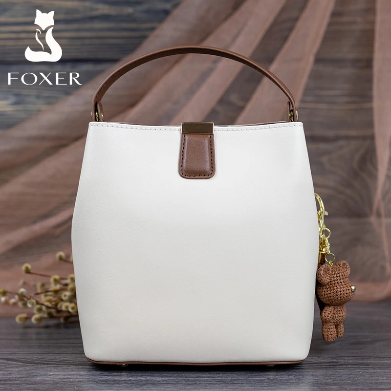 FOXER Split Leather Bucket Bag Lady Messenger Bag Women's Top Quality Stylish Handbag&Tote Elegant Female Shoulder Crossbody Bag