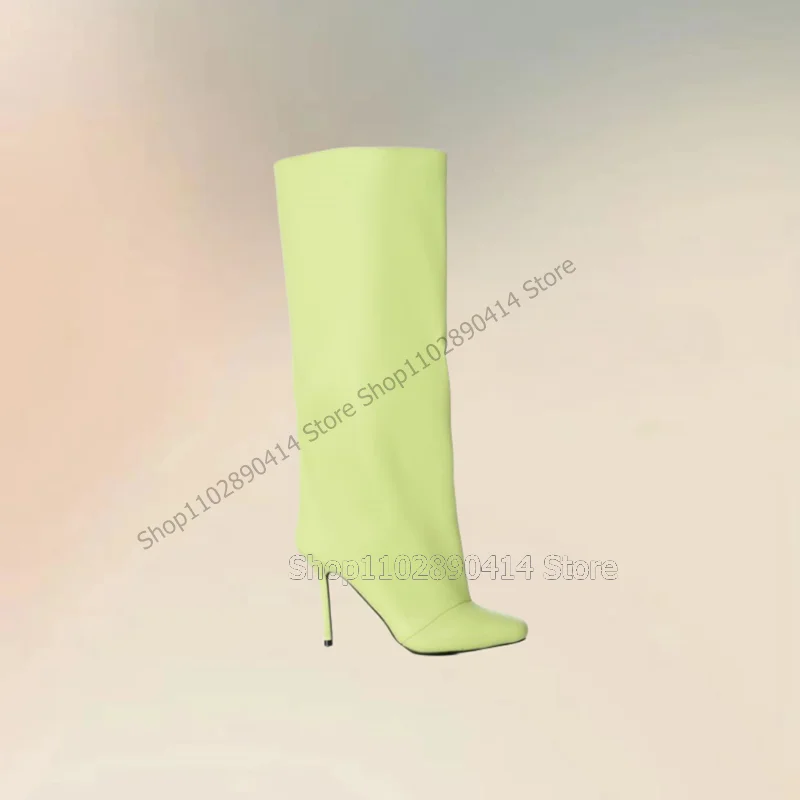 

Fluorescent Green Large Cuff Matte Leather Boots Slip On Women Shoes Thin High Heels Fashion Banquet 2023 Zapatos Para Mujere