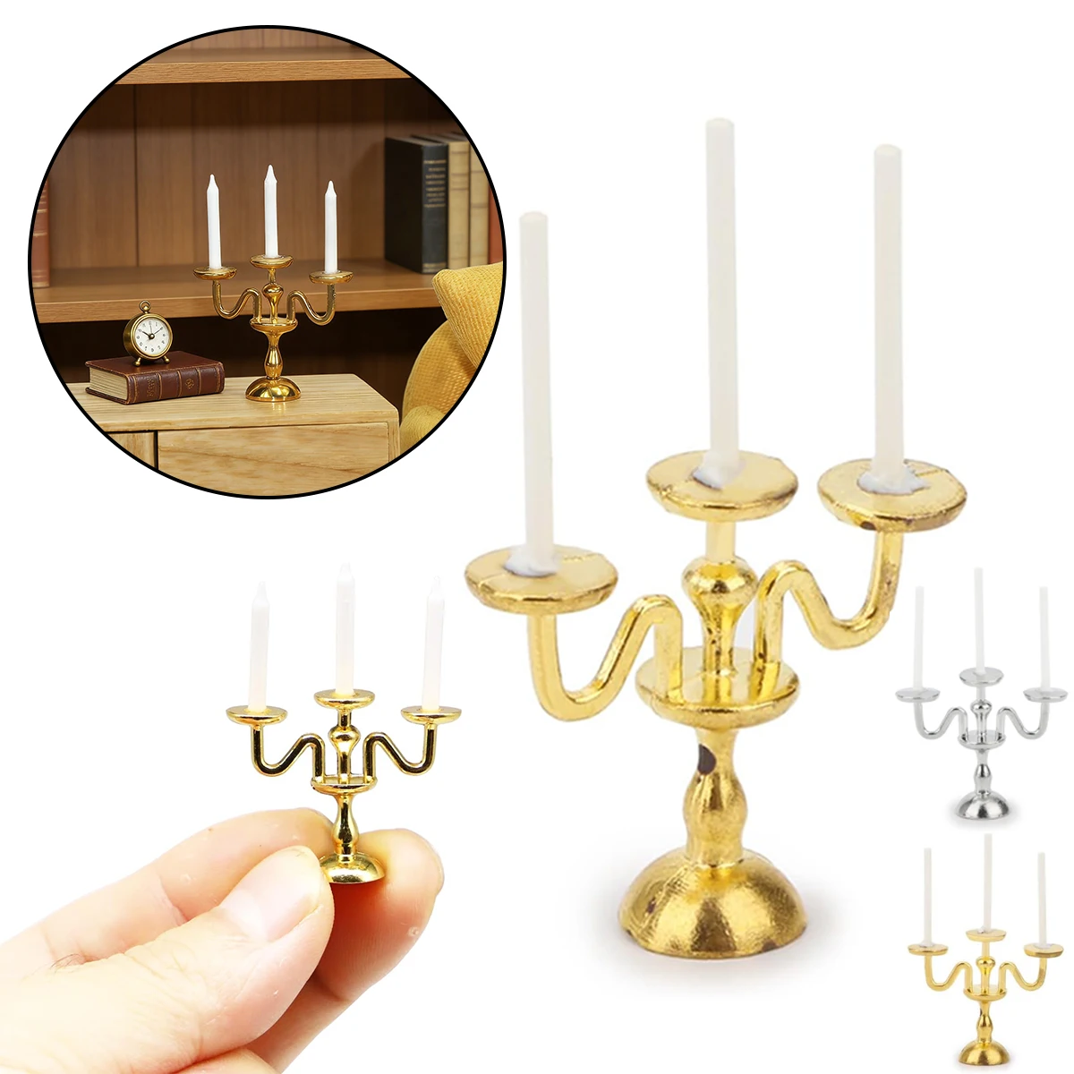 1/2 Stück Vintage 3-armiger Kandelaber mit Kerzen – 1:12 Miniatur in Gold/Silber für Puppenhaus, Feengarten und Mikrolandschaften