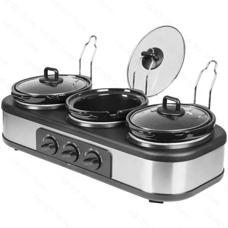Silver Portable Triple Slow Cooker 3×1.5 Quart Ceramic Pot Independent Temperature Control Buffet Kitchen Electric Stew Pot 300W