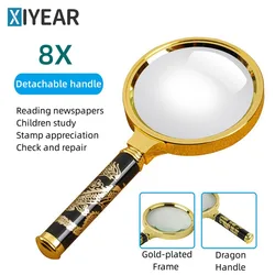 Handheld Magnifier Golden Dragon Handle 10x Detachable Magnifier Real Glass Lens Suitable for Elderly and Children to Read