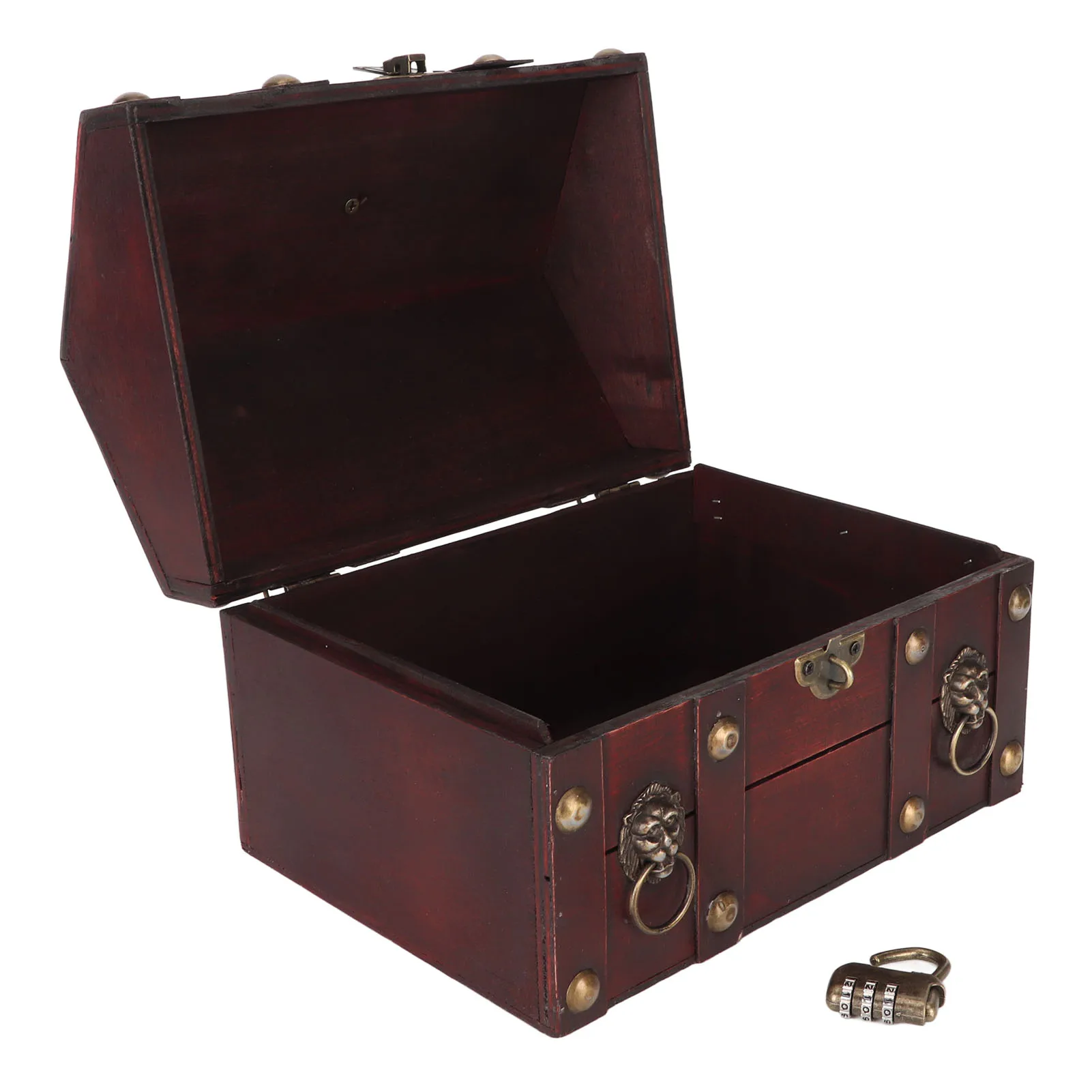 Treasure Chest Wooden Jewelry Storage Case with Combination Lock Handcraft Exquisite Wood Treasure Box for Earrings Necklaces