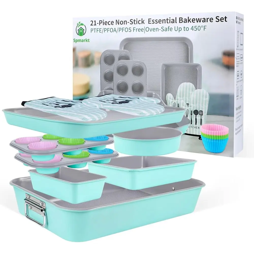 

21-Piece Stackable Nonstick Bakeware Set with Silicone Cup, Oven Mitt, Complete Kitchen Baking Kit for Cakes, Loaves, Cookies, C