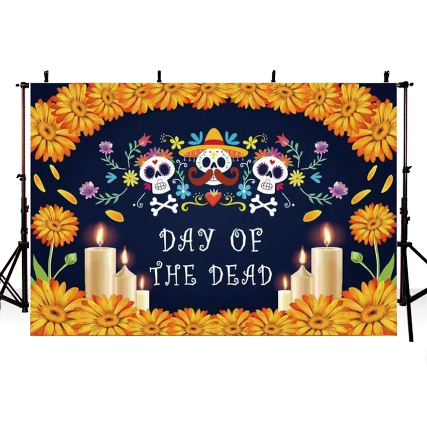 Day of The Dead Backdrop Mexican Skeleton Marigold Candle Photography Background for Decoration Photo Studio Photocall Props