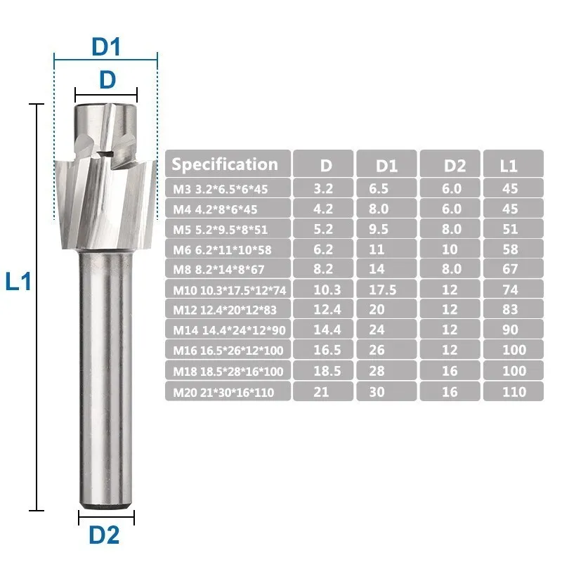 1pc HSS Counterbore End Mill M3.2-M20 4 Flute Pilot Slotting Bit Counterbore Mill Milling Cutter for Wood/Metal Drilling