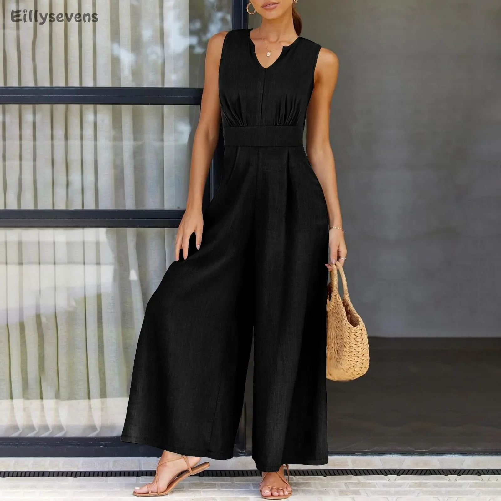 sexy jumpsuit women Casual Solid Color Elastic  jumpsuits Sleeveless Drape Wide Leg Overalls Street trend One-piece Pants traf